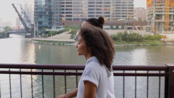 Attractive African American woman on her morning jog along the Chicago River