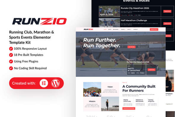 Runzio - Running Club, Marathon & Sports Events Elementor Template Kit