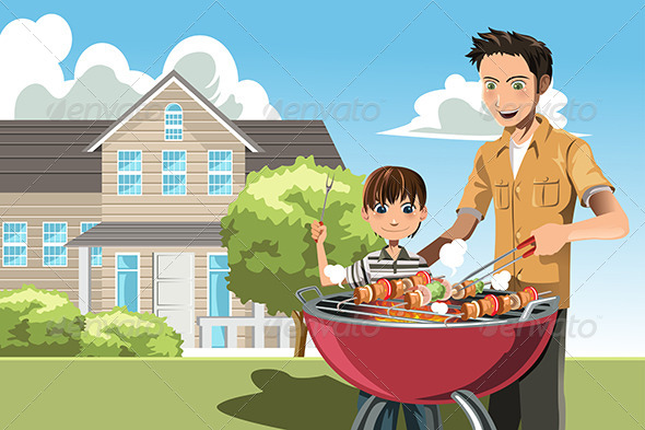 Father and Son doing Barbecue
