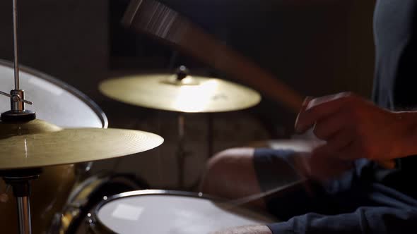 Closeup Drummer Rehearsing on Drums Before Rock Concert