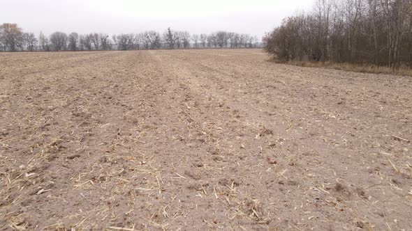 Empty Plowed Field in Autumn Aerial View