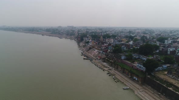 City of Varanasi or Benares in Uttar Pradesh in India seen from the sky