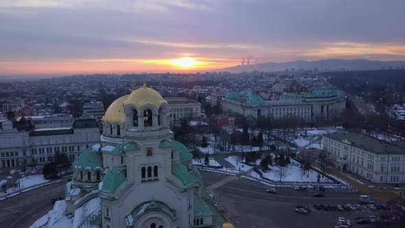 Sunrise in Sofia, Bulgaria, Alexander Nevsky, view from Drone