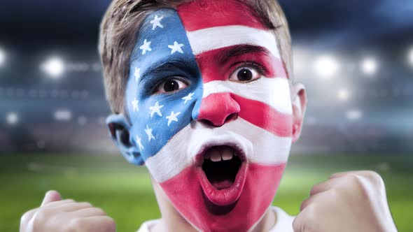 American fan celebrating victory with stadium on the background