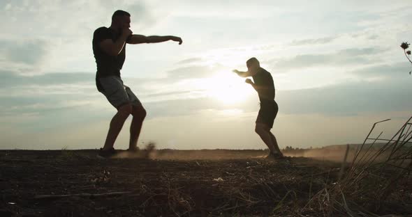 Silhouettes Performance of Martial Art Among Field on Huge Sunset Background