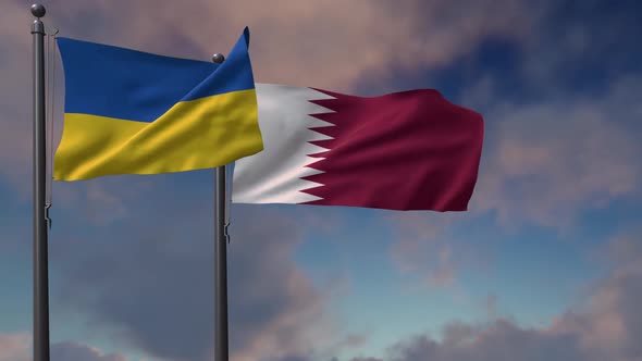 Qatar Flag Waving Along With The National Flag Of The Ukraine - 2K