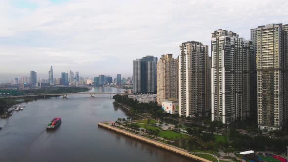 Drone Footage Of Saigon River And Downtown Of Ho Chi Minh City, District 1.