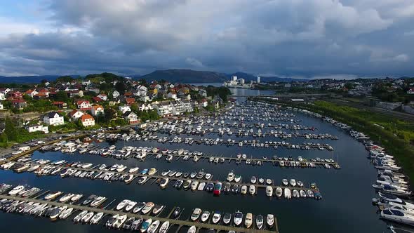 Aerial view of boats in the marina of Stavanger, summertime