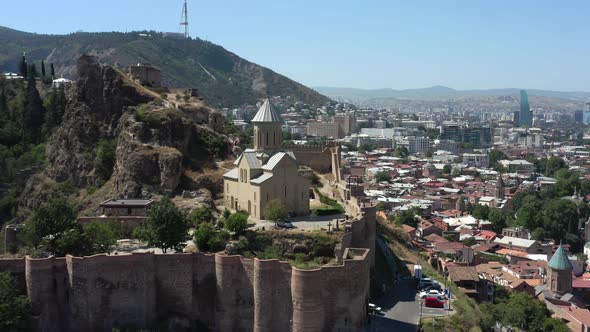 Aerial Drone Zoom in of Mtatsminda Church in the Summer, Tbilisi