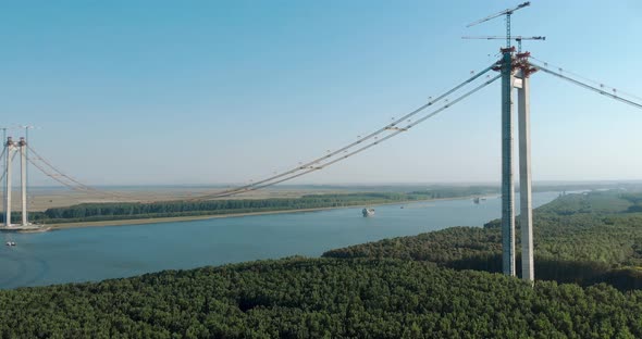 Constructing A Largest Suspended Bridge Over Danube River - Braila Bridge In Eastern Romania. Aerial