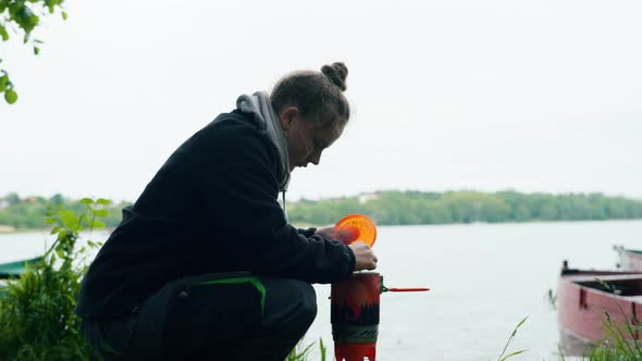 Young Girl Ready to Eat Outside on a Cloudy Day