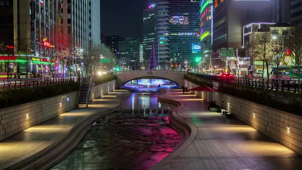 Aerial Illuminated Cheonggyecheon in Korea, Seoul