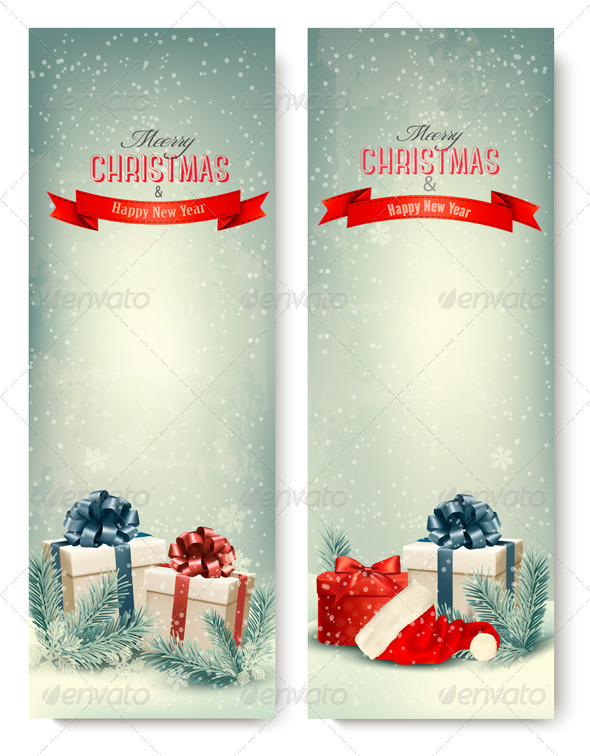 Two Retro Holiday Banners with Gift Boxes