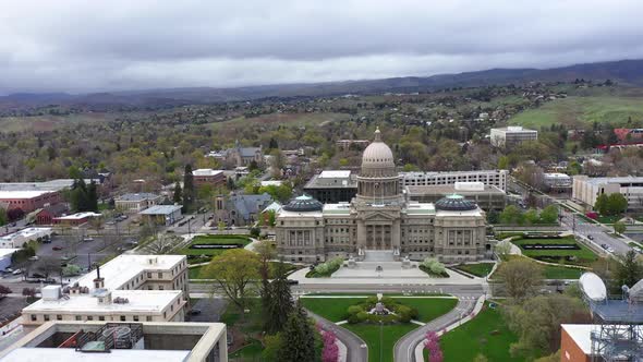 The front entrance of Boise Idaho State Capitol. Aerial view flying towards building.