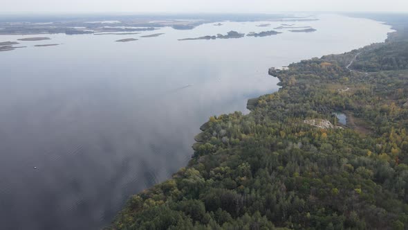 Beautiful Aerial View of the River Dnipro. Ukraine, Slow Motion