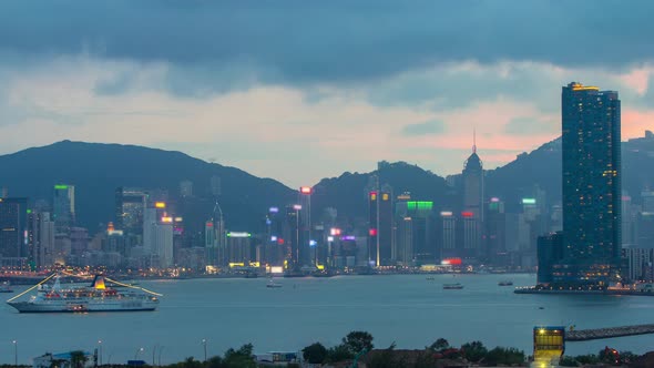 Hong Kong Day to Night Aerial View From Kowloon Bay Downtown Timelapse