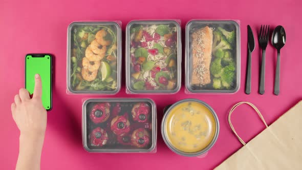 Food Delivery Top View Take Away Meals in Disposable Containers on Pink Background