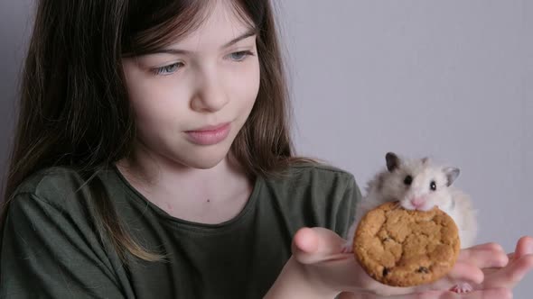 a Girl Holding a Cute Hamster with a Cookie in Her Mouth