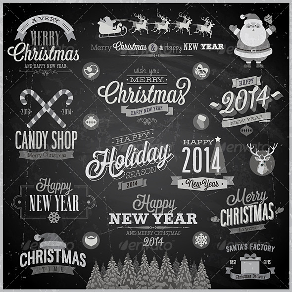 Christmas Set of Labels and Emblems on Chalkboard