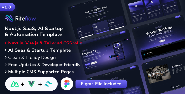 RiteFlow - Nuxt.js AI Startup, SaaS & Automation Tech Business Template