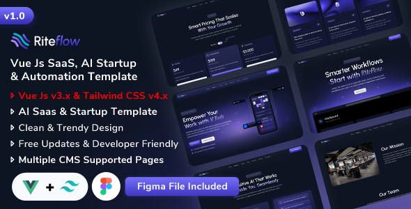 RiteFlow – Vue 3 AI Startup, SaaS & Automation Tech Business Template