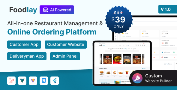 Foodlay – Restaurant Management System with Ordering Website, Customer & Delivery Apps