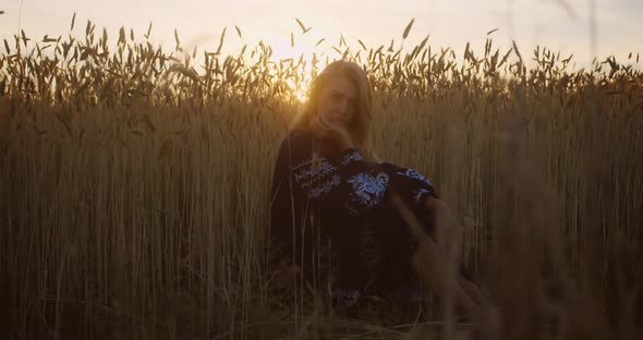 Attractive young romantic woman sits in a wheat ears in sunset rays