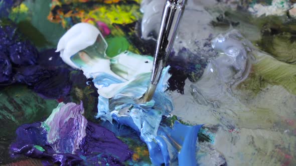 Mixing Oil Paints with Brush on Palette, Slow Motion, Closeup