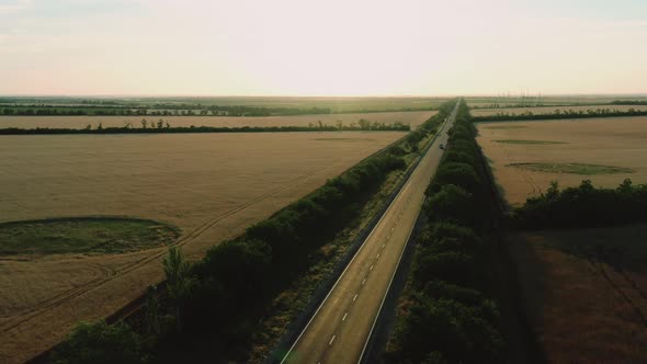 Flying High Over the Asphalt Road Among the Fields