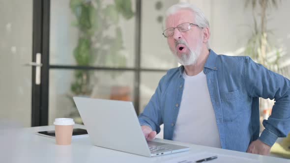 Senior Old Man Having Back Pain While Using Laptop in Office