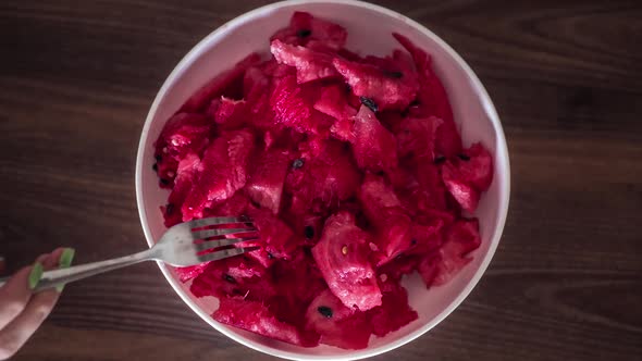 Timelapse of Eating Sweet Watermelon From the Bowl