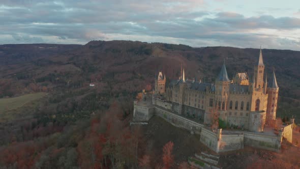 Aerial View of Hohenzollern Castle During Bright Sunset, Germany in the Fall