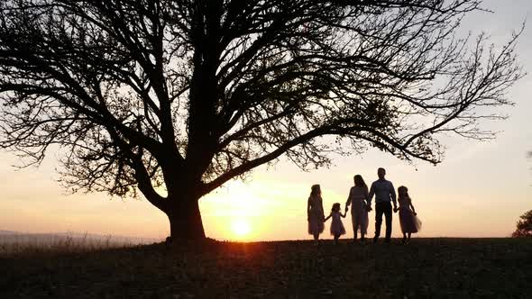 Family walking at sunset