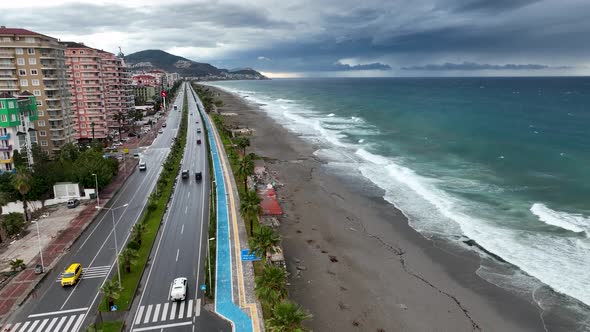 Traffic on the beach aerial view 4 K