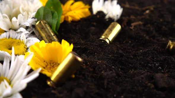 Bullet casings from a 5mm pistol fall to the ground and chamomile flowers. Slow motion.