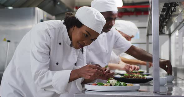 Diverse group of chefs garnishing dishes and similing in restaurant kitchen