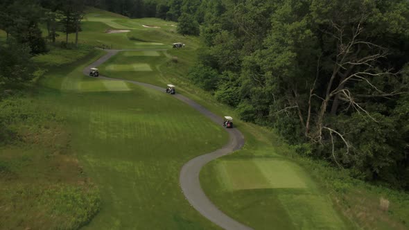 Aerial view of a convoy of golf carts