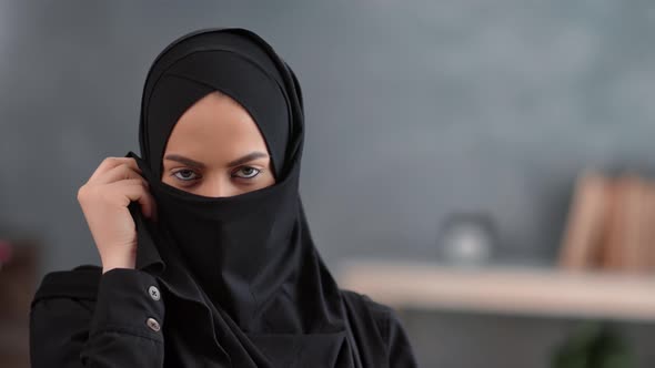 Portrait Arabic Woman Hidden Face Under Niqab Posing at Muslim Headscarf