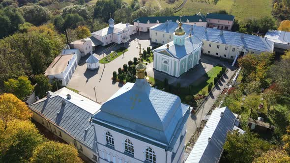 Aerial Shot Village Derman. Holy Trinity Convent. Ukraine