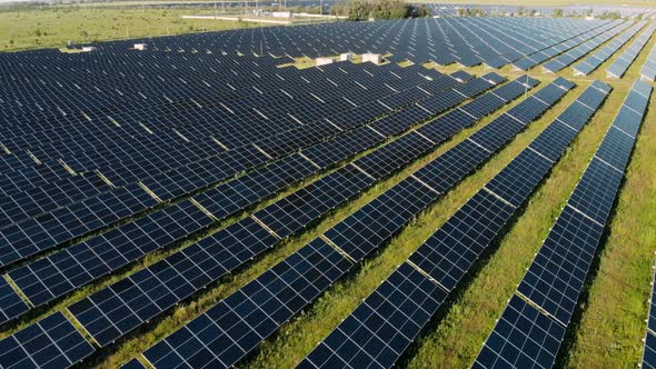 Ecology Solar Power Station Panels in the Fields Green Energy at Sunset Landscape Electrical