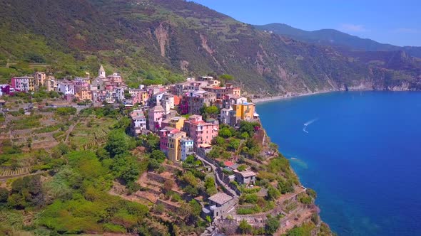 Aerial travel view of Corniglia, Cinque Terre, Italy.