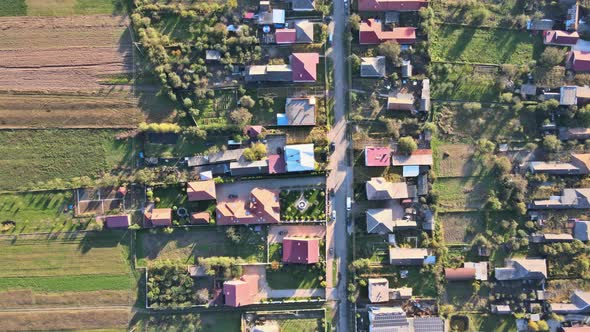 An Aerial Panorama of Village Rural Landscape with After Harvest in Beautiful Autumn