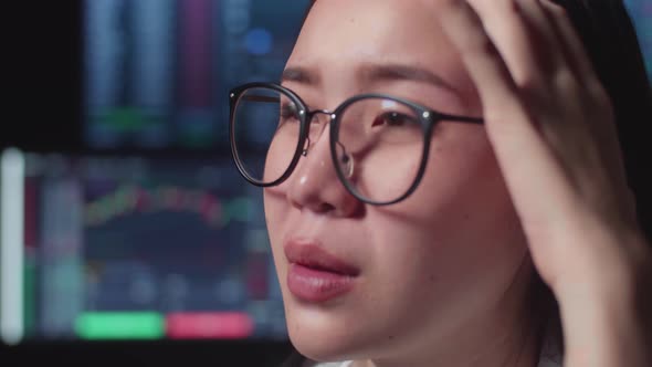 Close Up Of Disappointed Of Asian Female Stock Market Broker Working On Computer