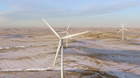 Aerial shots of wind turbines on a cold winter afternoon in Calhan, Colorado