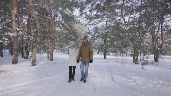 Couple Walking in a Beautiful Snowy Forest Holding Hands