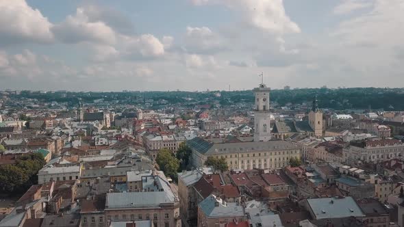 Aerial Drone Footage of European City Lviv, Ukraine. Flight Above Popular Ancient Part of Old Town