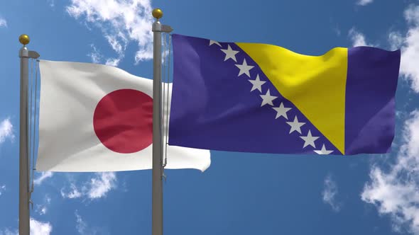 Japan Flag Vs Bosnia And Herzegovina Flag On Flagpole