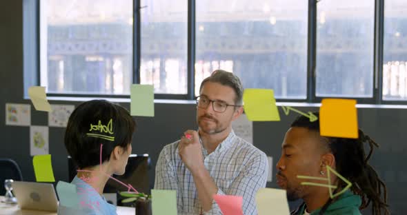 Business executives discussing over sticky note in office 4k