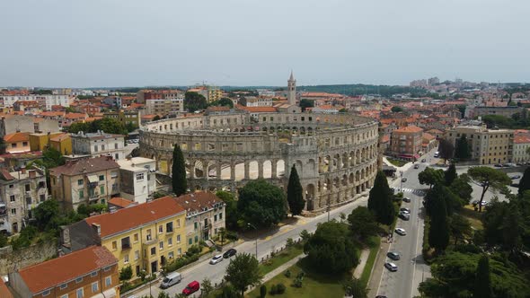 Majestic view at famous european city of Pula and arena of roman time. Location place of Istria coun