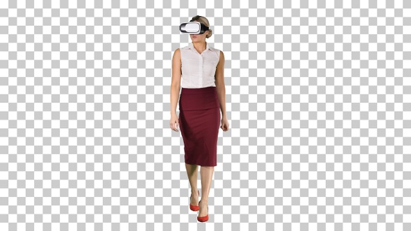 Walking young woman using vr glasses, Alpha Channel